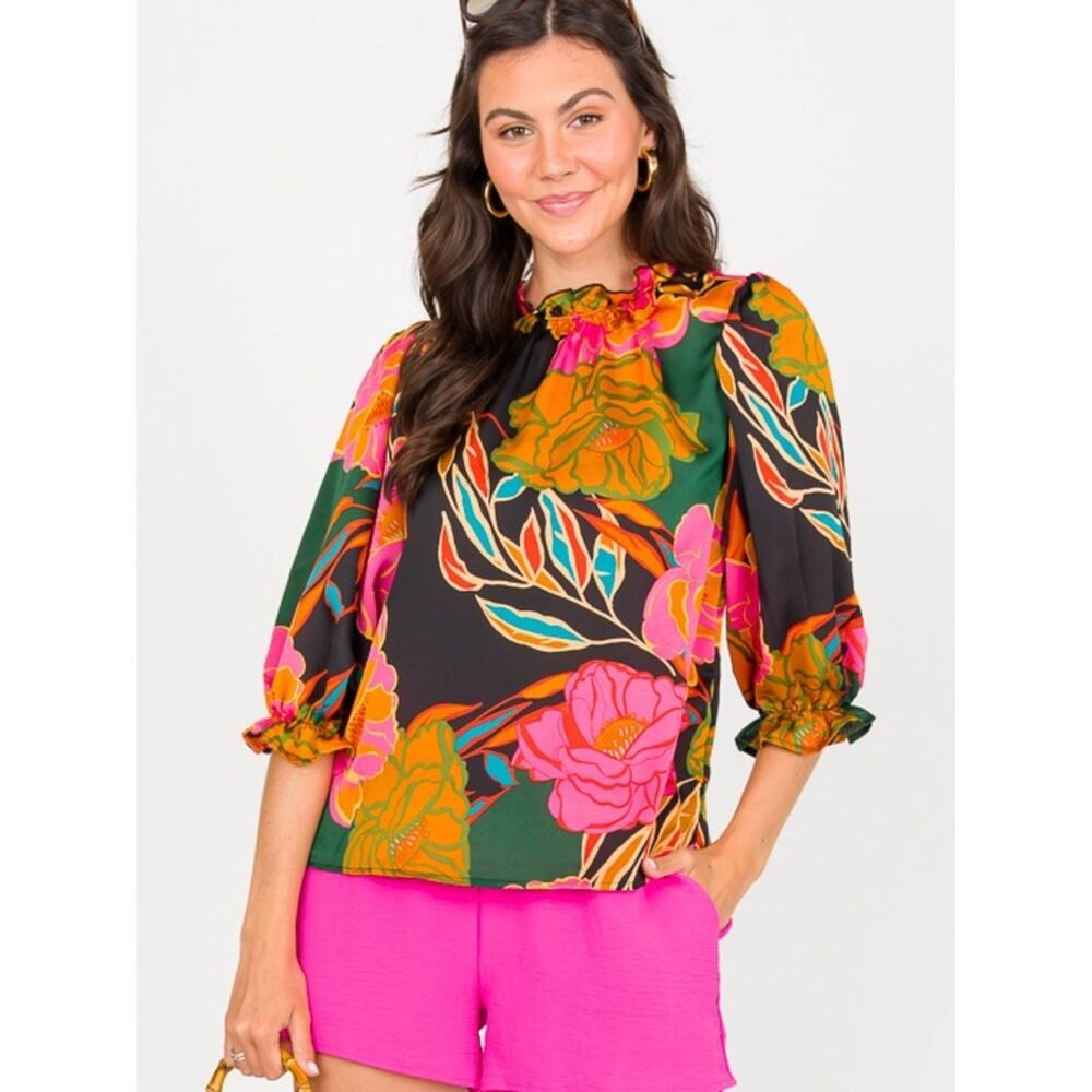 Entro Floral Ruffle Neck Puff-Sleeve Top - Black & Multi